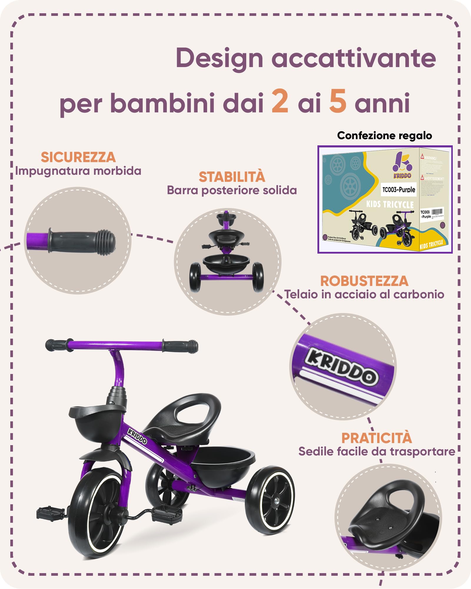 KRIDDO Triciclo per Bambini dai 24 mesi ai 5 anni, Tricicli per bambini da 2,5 a 5 anni, Triciclo Evolutivo da 2 a 4 anni, con Cestello Portaoggetti, Ideale da regalare, Viola