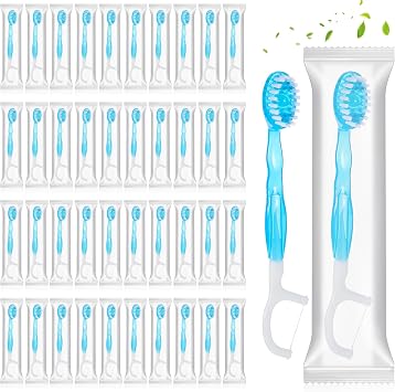 Individually Wrapped Disposable Mini Travel Toothbrushes, 5 in 1 Pre-Pasted Toothbrush Brush+Floss+Pick+Tongue Scraper On The Go Portable Toothbrush with Freshening Bead 50 Pcs, Coolmint