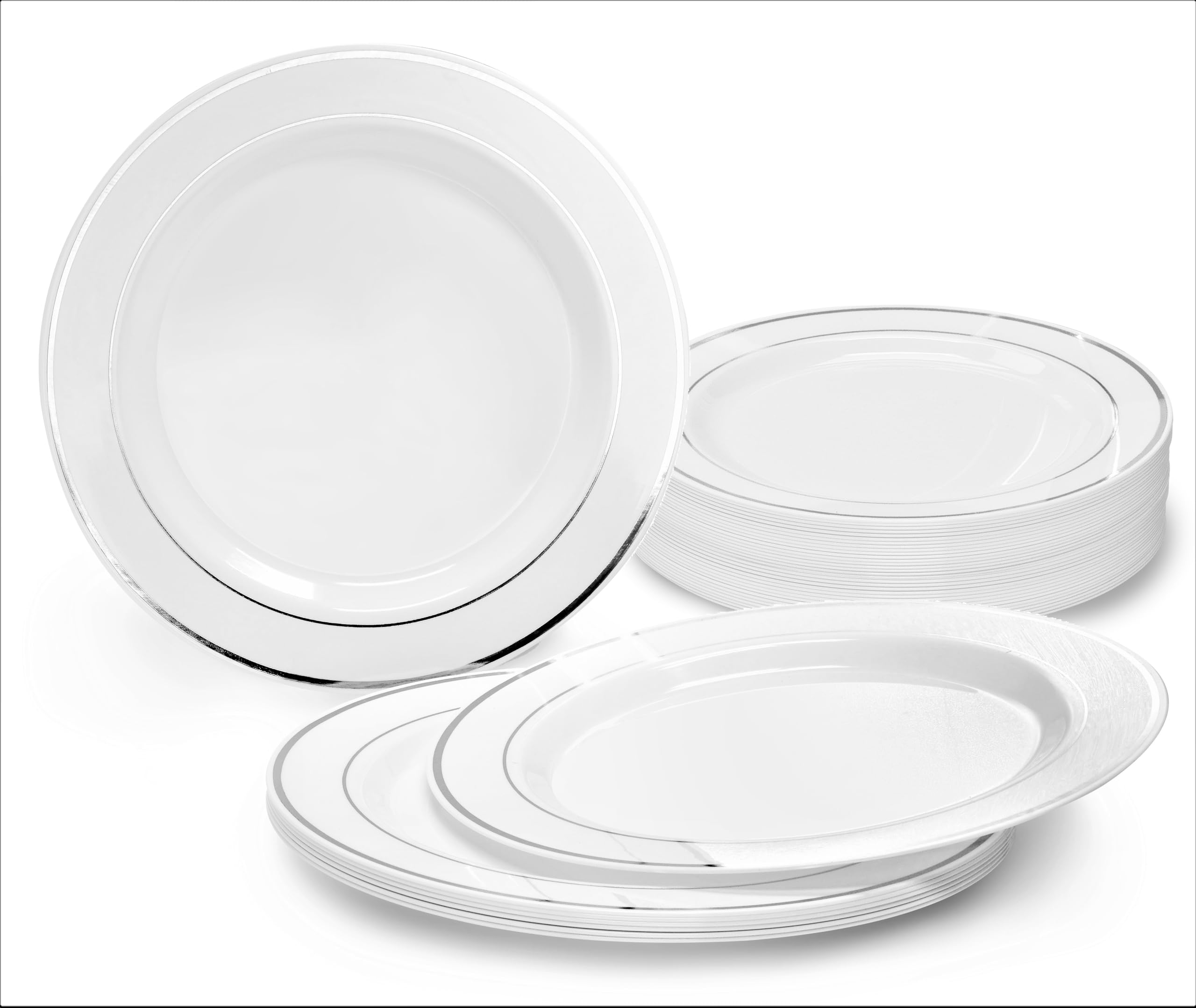 " OCCASIONS " 40 Plates Pack, Heavyweight Disposable Wedding Party Plastic Plates (9'' Luncheon Plate, White & Silver Rim)