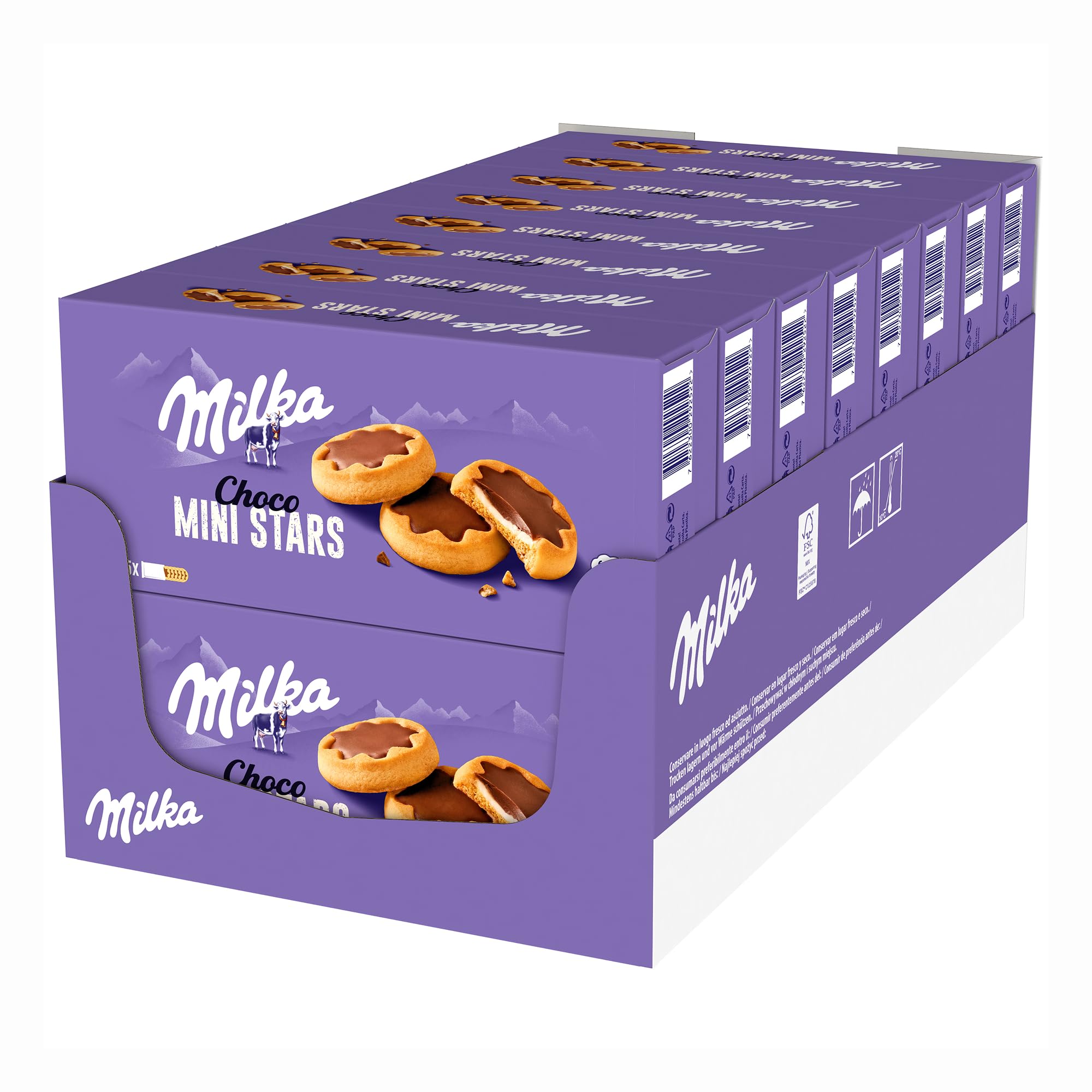 Milka Choco Mini Stars, Galletas en Forma de Estrella con Relleno de Leche y Cubiertas con Chocolate con Leche de los Alpes, 16 paquetes de 150g