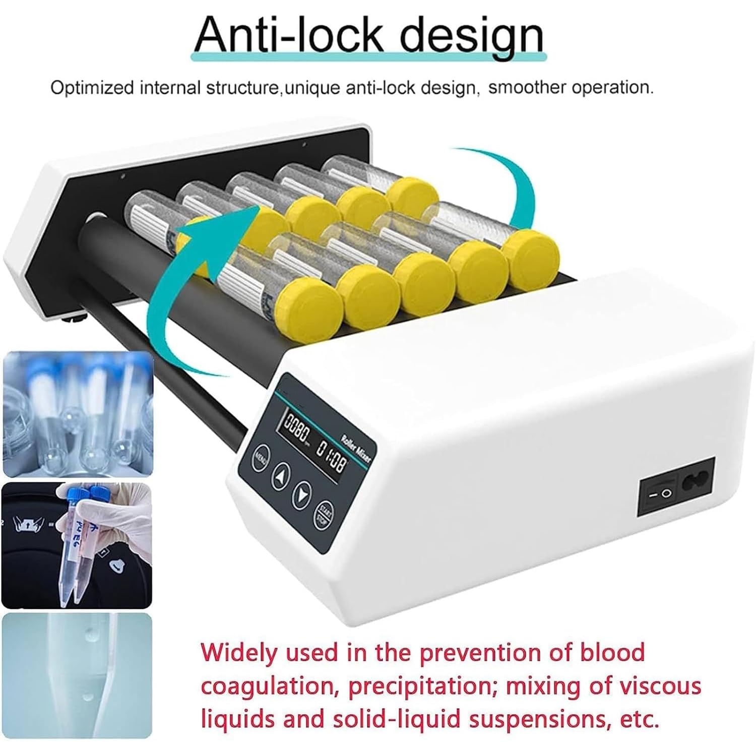 Mezclador digital de tubo, mezclador de vaso de laboratorio, velocidad ajustable 20-80 RPM, temporizador 1min-23h59min, modo continuo, distancia central de rodillos 34 mm, para aplicaciones químicas y
