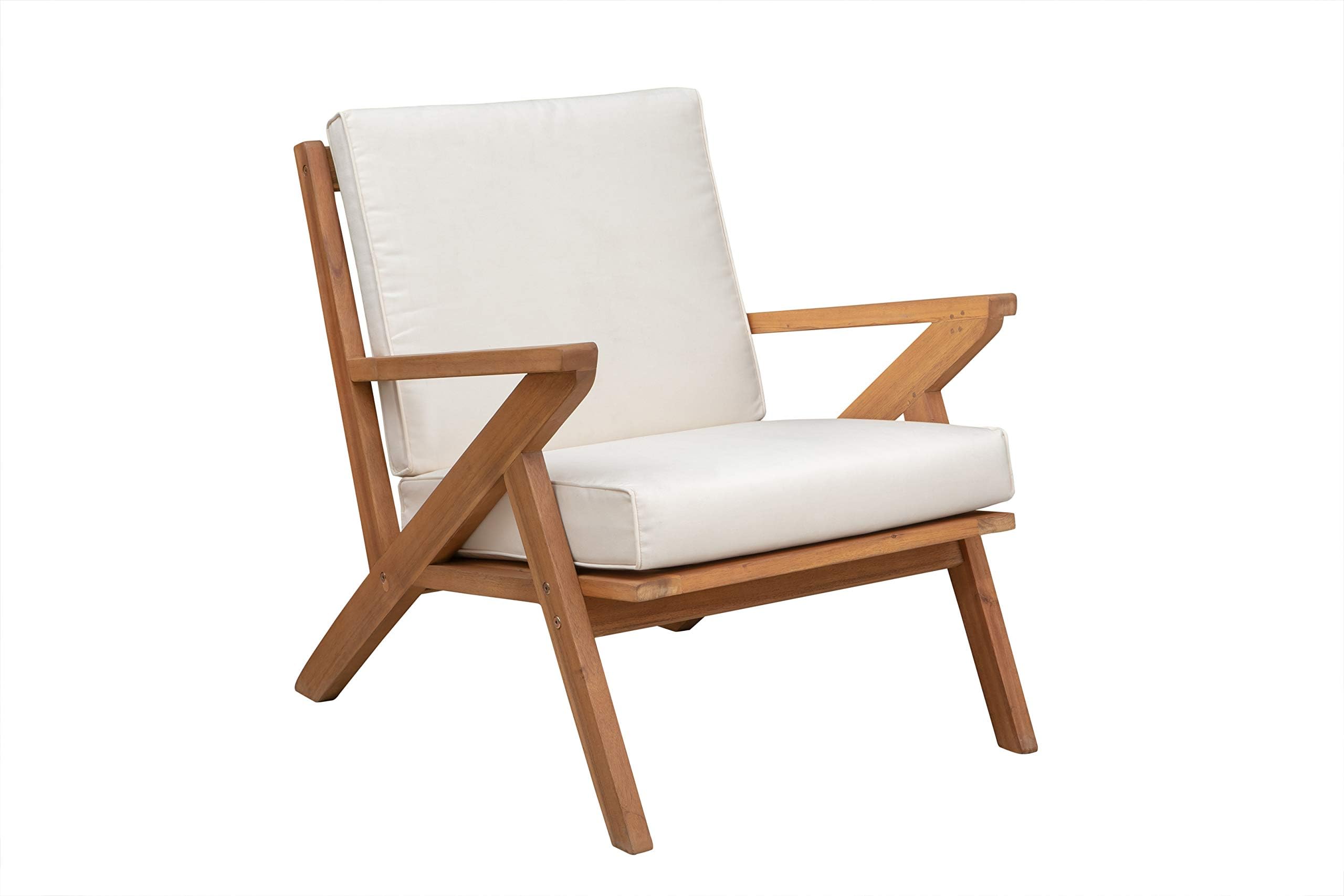 Patio Sense Oslo Wooden Lounge Chair, Accent Armchair with Cushions, Natural Wood Finish, Off White Cushions, Solid Durable Acacia Wood