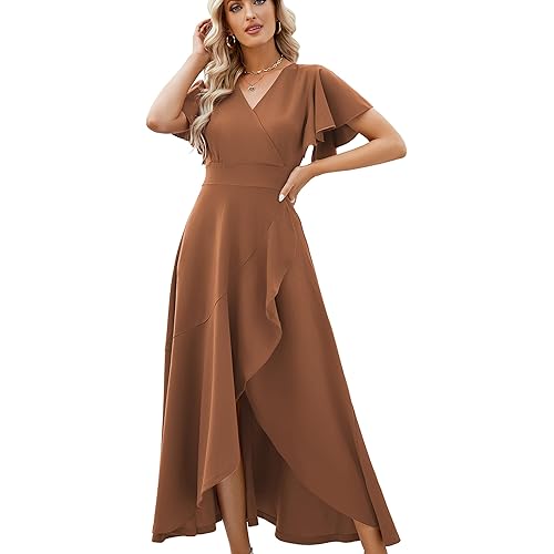 Long Black Formal Dresses for Women Gowns Evening Party Cocktail Dress,Split Elegant V Neck Wrap Ruffle Wedding Guest Dresses