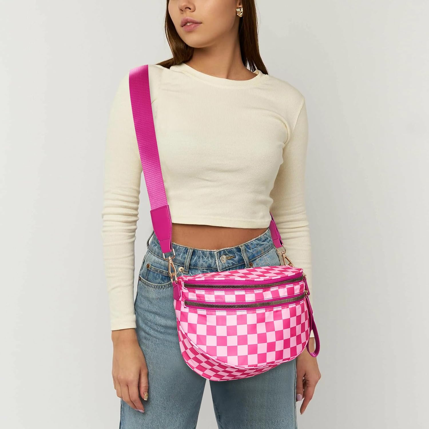 hibear Checkered Crossbody Bag Spacious Bum Bags for Women Nylon Crossbody Fanny Packs Checkered Purse Belt Wallet - Image 2