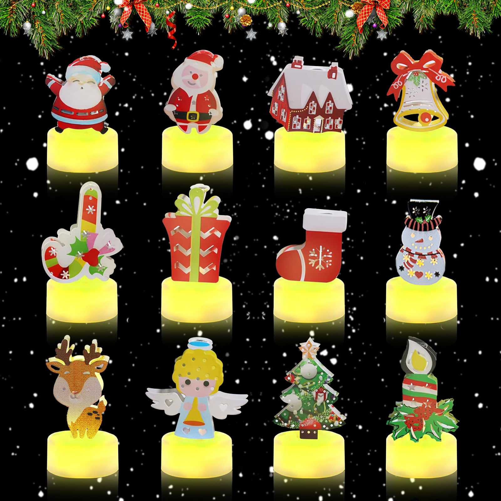 DAZZTIME Velas de Té Navideñas,12 Piezas de Velas Navideñas Led,Velas para árboles de Navidad,papá Noel Delicado Hecho a Mano,Velas Led Decorativas Navideñas,para Decoración de Mesa Fiesta Navideña