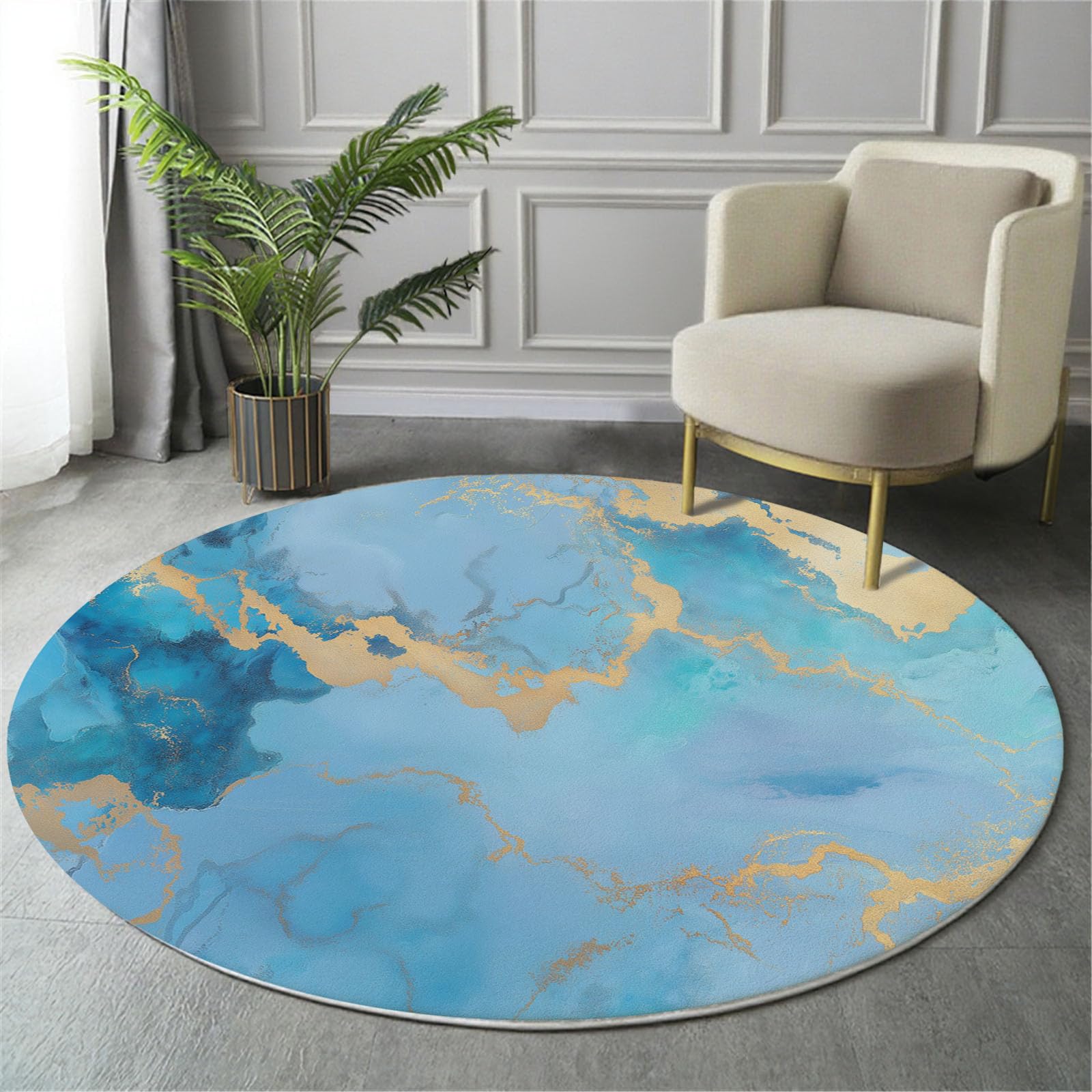 Tapis rond 140cm lavable en machine avec dossier antidérapant bleu