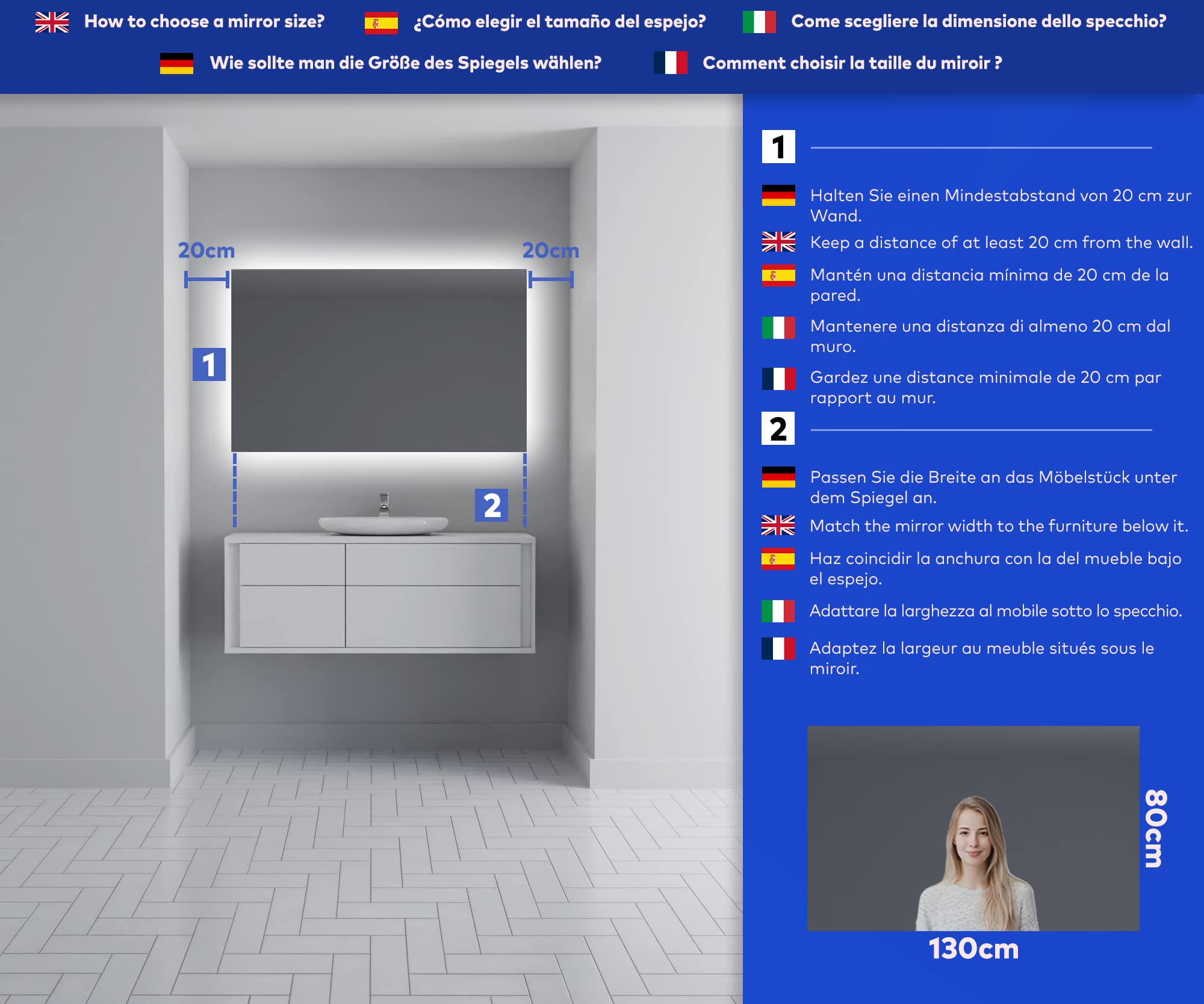 FORAM Espejo de Baño con Iluminación LED - Luz Espejo de Pared con Accesorios - Diferentes tamaños para Baño Dormitorio Maquillaje - L58
