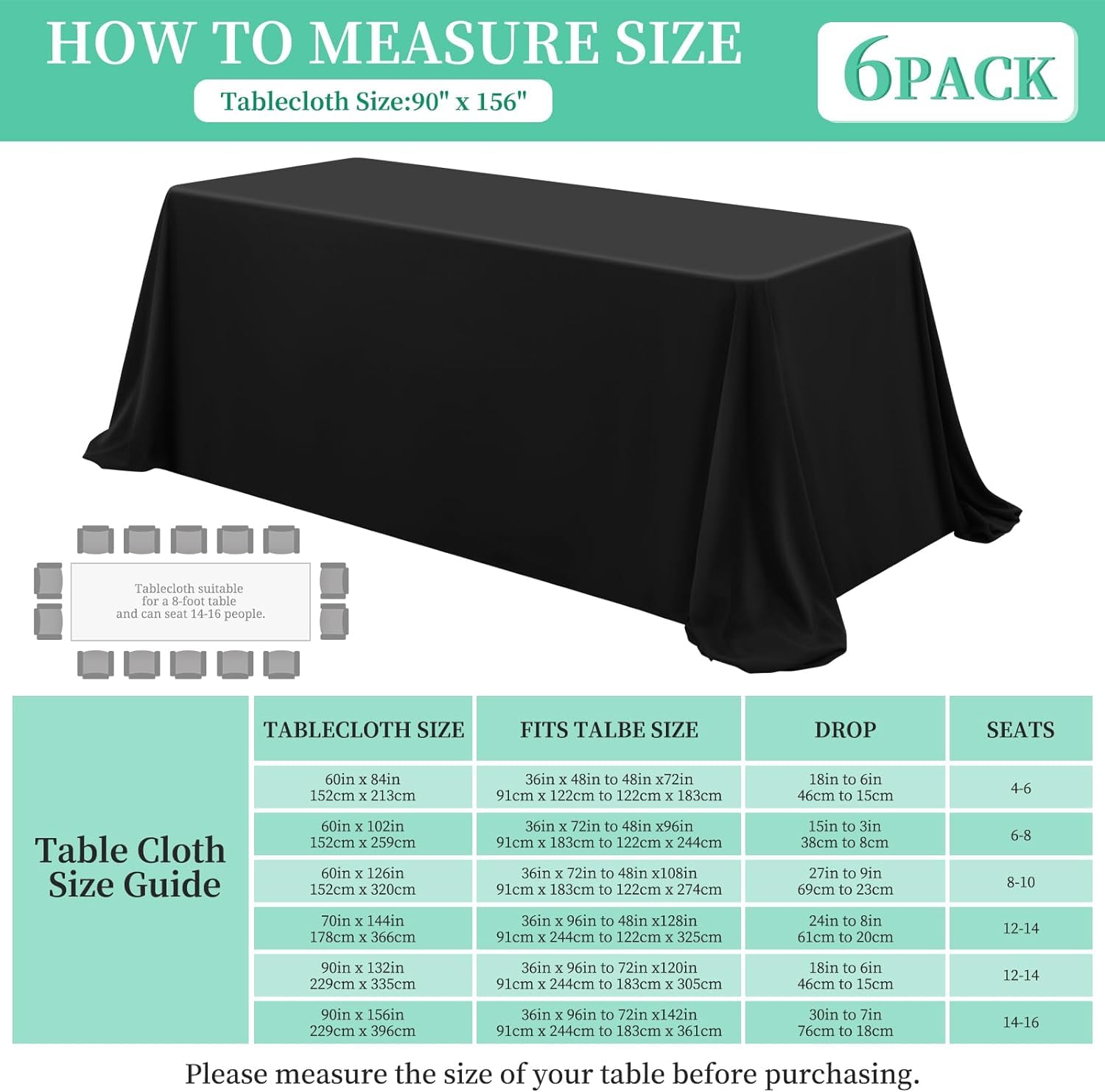 Paquete de 6 Manteles Negro de Poliéster para Mesas Rectangulares de 8 Pies, Reutilizables para Banquetes de Bodas y Fiestas (229 x 396cm)