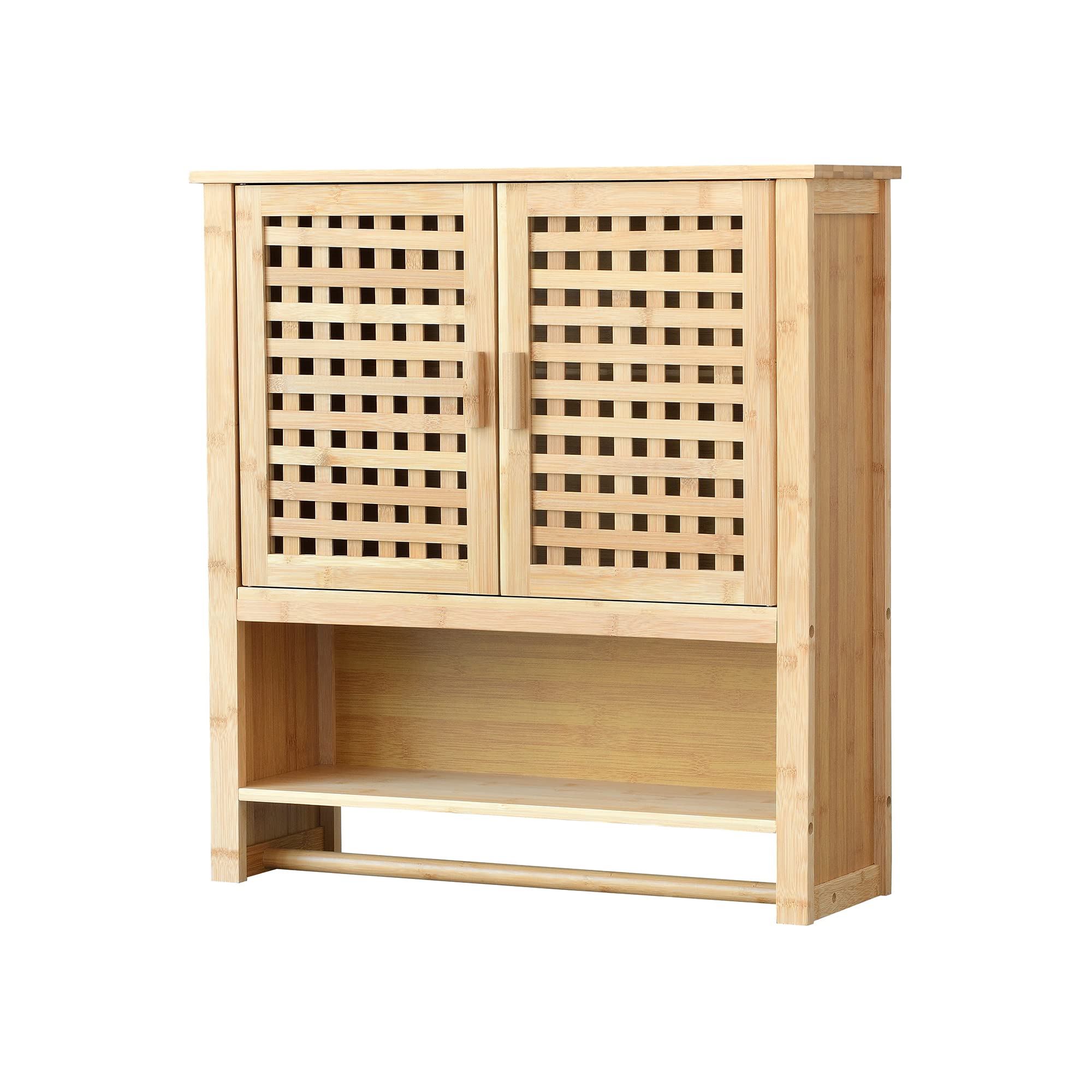[en.casa] Bambusowa szafka łazienkowa o długości boru, szafka wisząca z uchwytem na ręczniki, 3 półki, 2 drzwi stojące, 66 x 62 x 20 cm