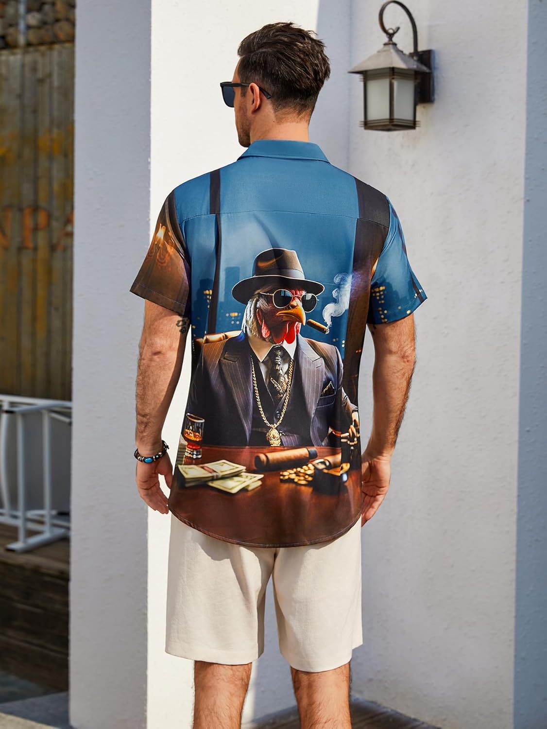 Hardaddy Men's Gongfu Rooster Chest Pocket Printed Short Sleeve Button Down Summer Casual Shirt - Image 4