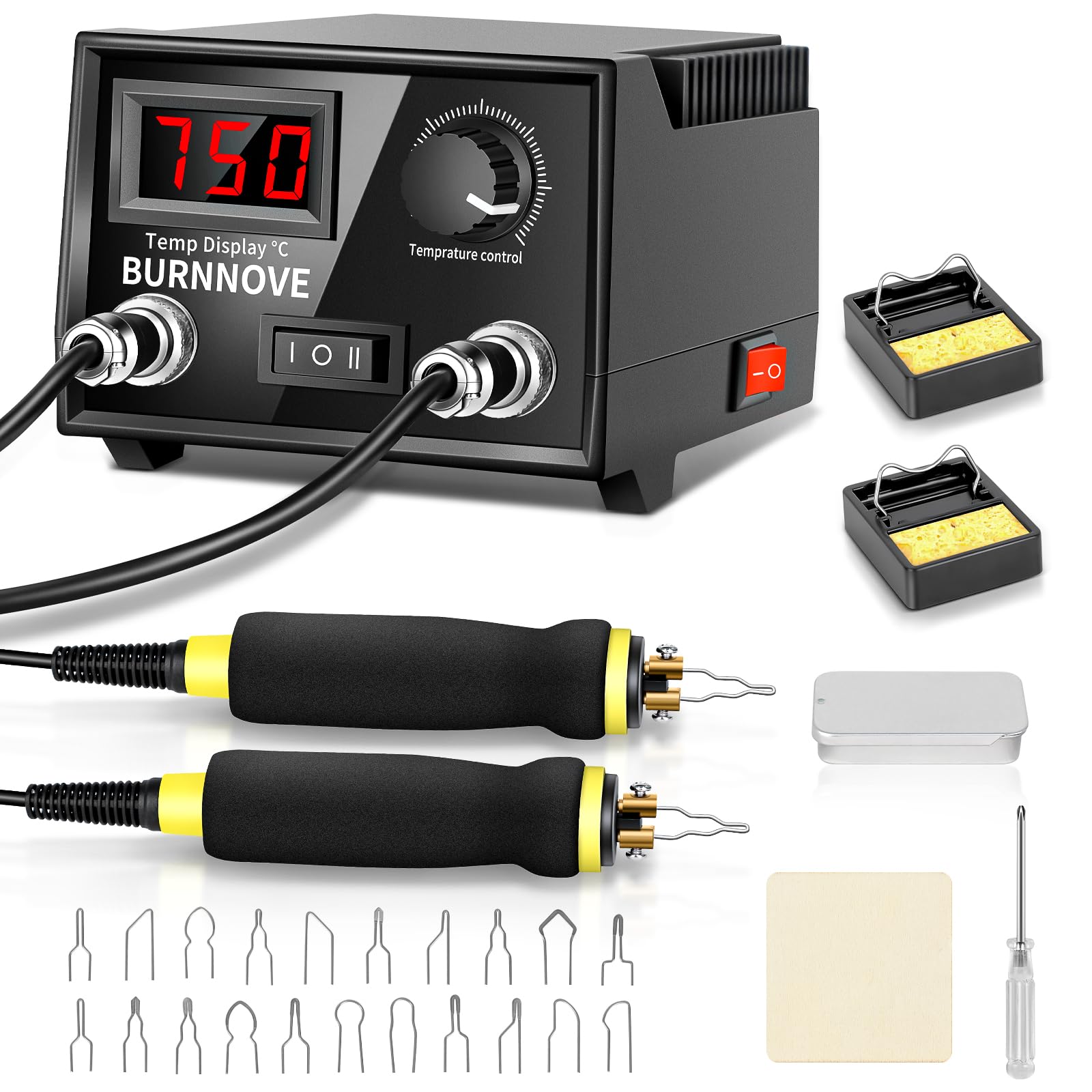 BURNNOVE Pirografo per Legno Professionale, 60W 220V con Doppia Penna, Display Digitale e Temperatura Regolabile 0-750°C, 21 Punte per Decorazione su Legno, Pelle e Zucca
