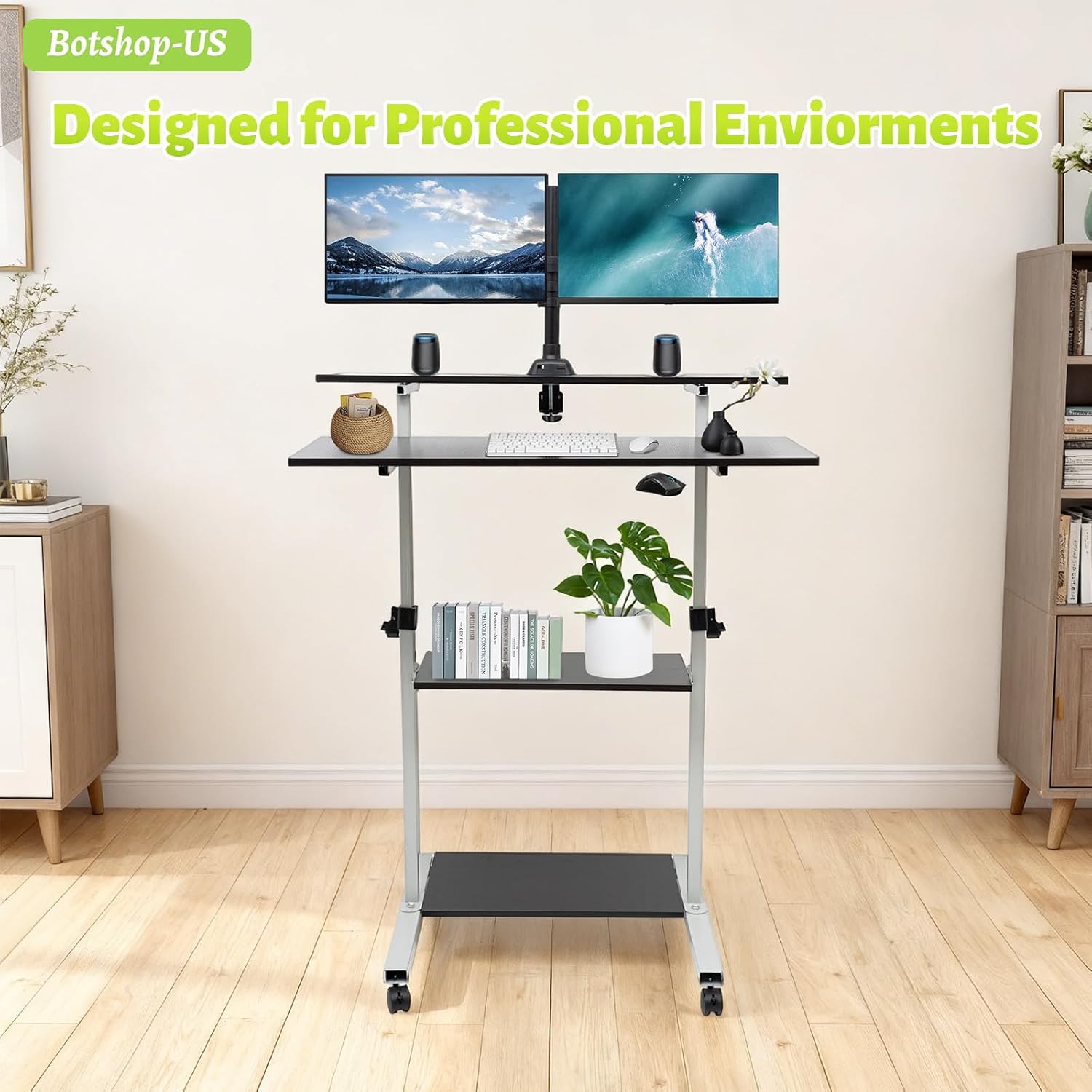 Gdrasuya10 Rolling Standing Desk with Dual Monitor Mount Height Adjustable Mobile Computer Workstation Portable Stand Up Desk Podium Laptop Rolling Cart On Wheels for Home Office, Silver