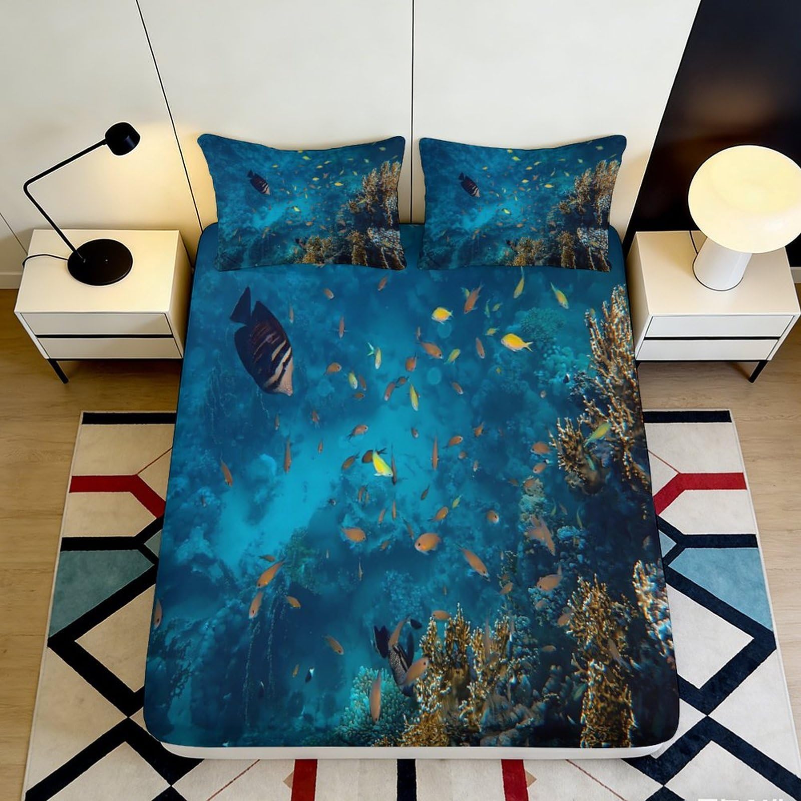 Pnayamiorkfel Style-2 3D Printed Ocean Coral Reef Fitted Sheet Microfiber Soft Breathable Tropical Fish Bed Cover For Bedroom Dorm Decor 90X200x25cm