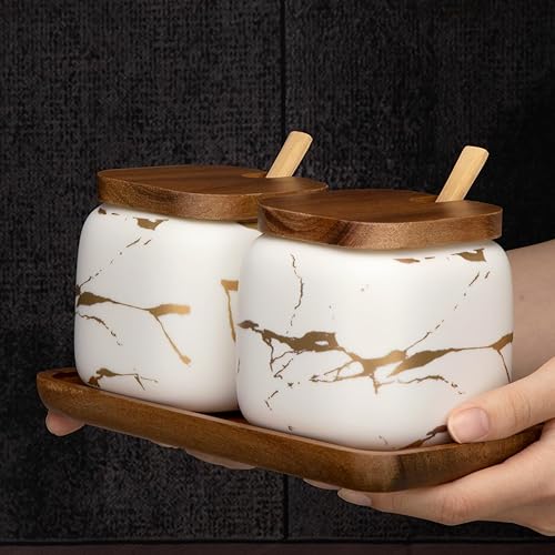 Miniatura 7 de 2 juegos de recipientes de cerámica para sal y azúcar, 3 en 1 de cerámica con tapas, cuchara y bandeja, tarros de cerámica para condimentos, cuencos