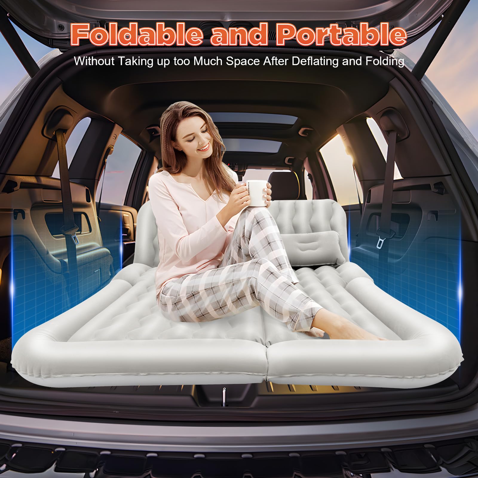 Materasso ad aria SUV, materasso gonfiabile per auto, con pompa ad aria e 2 cuscini, portatile, doppio lato spesso, per campeggio, viaggi, attività all'aperto (grigio)