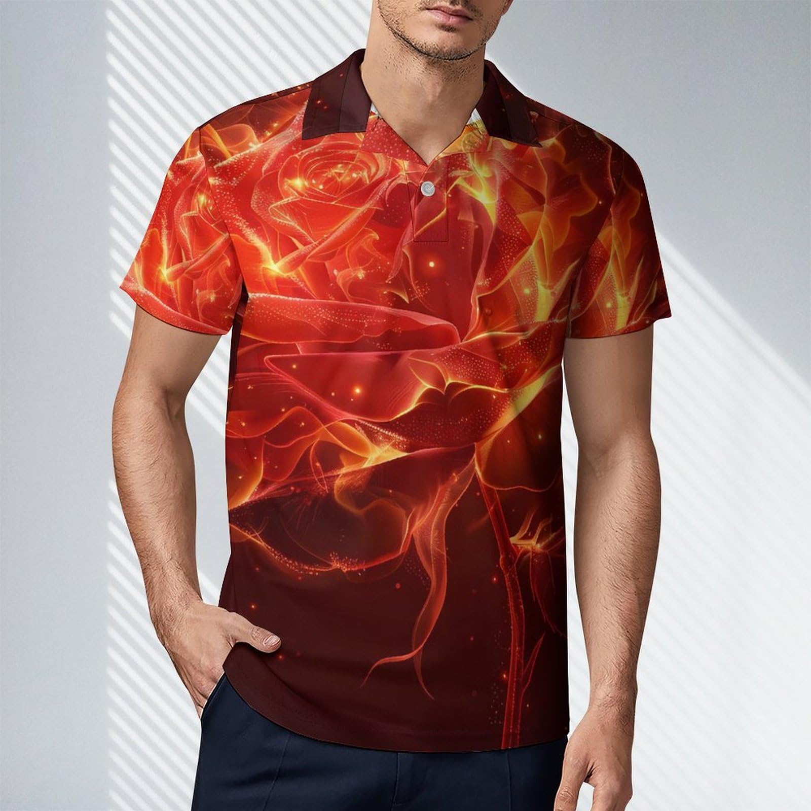 Burning Red Rose Novelty Men's Short Sleeve Shirts Funny Golf Tennis Work T-Shirt Sport Tee XL