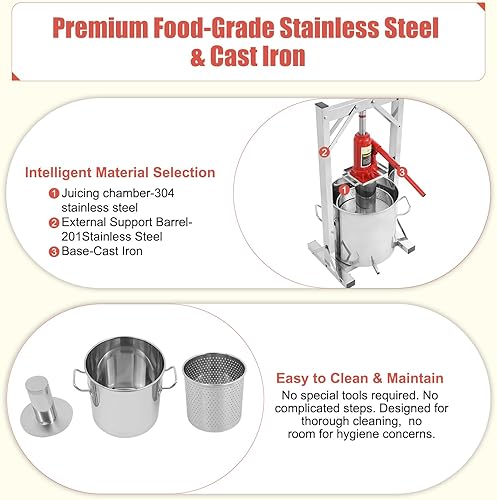 Miniatura 5 de Prensa de frutas, prensa de sidra de acero inoxidable de grado alimenticio de 3.2 galones con gato hidráulico, suministros y equipos manuales para