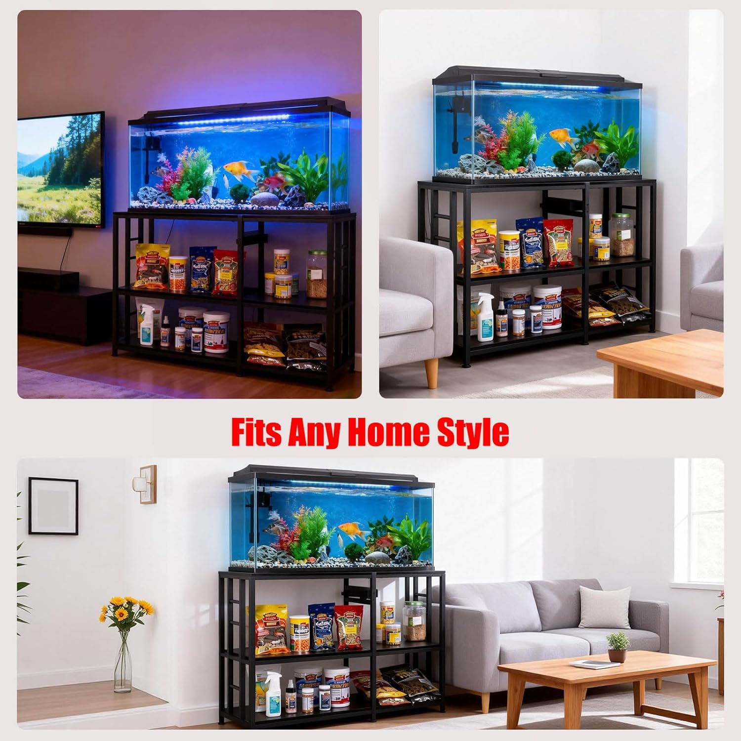 FAHKNS 40 50 Gallon Aquarium Stand 36x18 Inch Heavy Duty 750lbs Capacity, 3-Tier Black Adjustable Shelf Steel Frame Fish Tank Stand with Power Outlet Suitable for Home Office