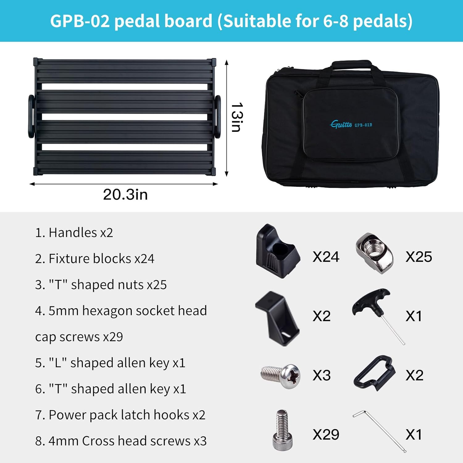 GUITTO Guitar Pedalboard - Secure Clip-On Design Pedal board Aluminum Alloy with Carry Bag No Adhesive Needed GPB-02 Medium