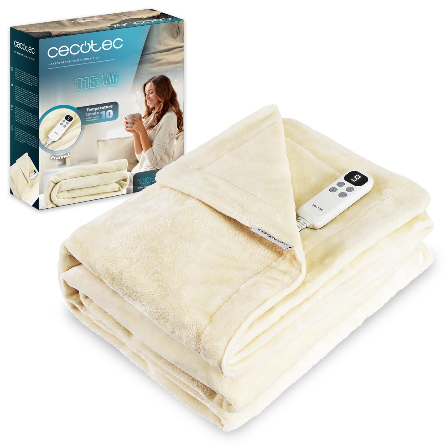Cecotec Manta Eléctrica 180x130cm HeatConfort Calma (180 x 130). 115W, 10 Niveles de Temperatura Ajustables, Controlador LCD Extraíble, Temporizador con Apagado Automático, PTC+ Tecnología NTC