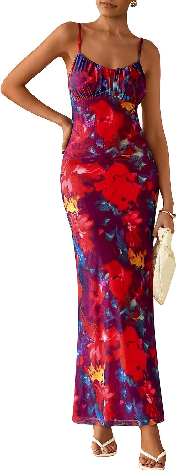 PRETTYGARDEN Women's Floral Bodycon Maxi Dress Summer Beach Sundress Sleeveless Spaghetti Strap Wedding Guest Dress