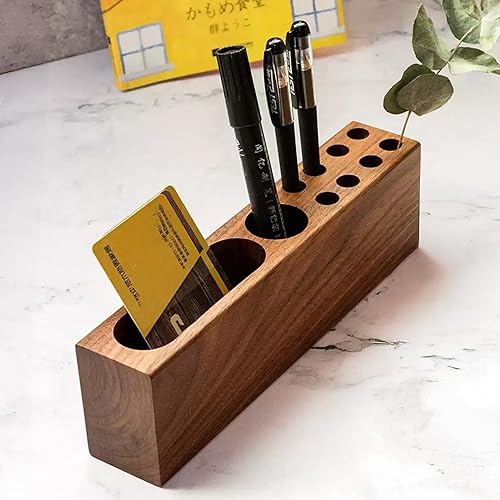 LiTY Soporte para bolígrafo para escritorio, soporte para lápices de madera de acacia, soporte para tarjetas de visita de madera maciza, organizador