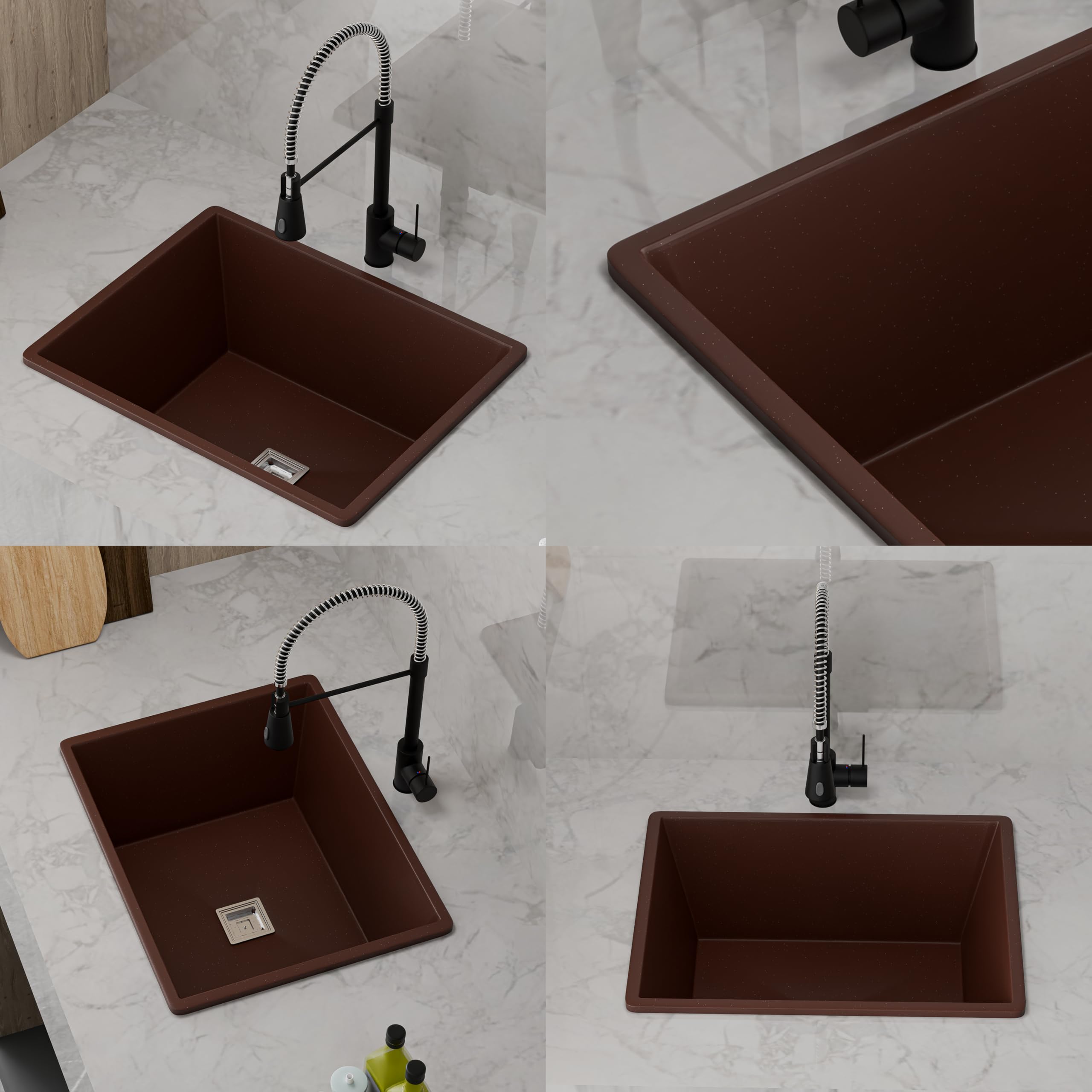 HISRE Single Bowl Quartz Kitchen Sink 16X18X8 Inch | Deep Undermount or Drop In Basin for Kitchen | Easy Clean and Scratch Resistant | Heavy Duty Construction for Long Lasting Use | Brown, photo 4 of 4