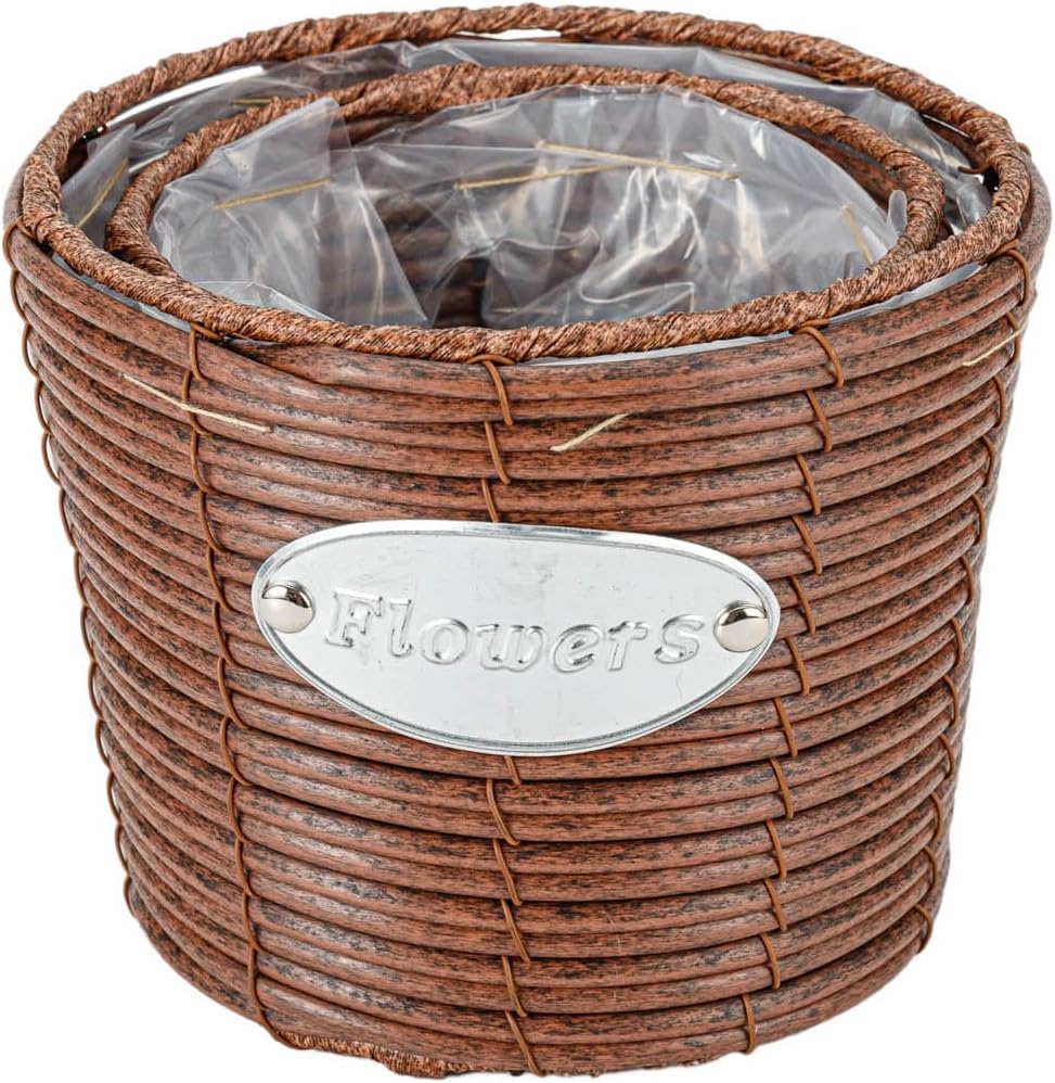THY COLLECTIBLES Set of 2 Woven Wicker Planter Baskets with Plastic Lining, Multipurpose Indoor or Outdoor Storage for Plants, Flowers, Toys Rustic Farmhouse (Brown)