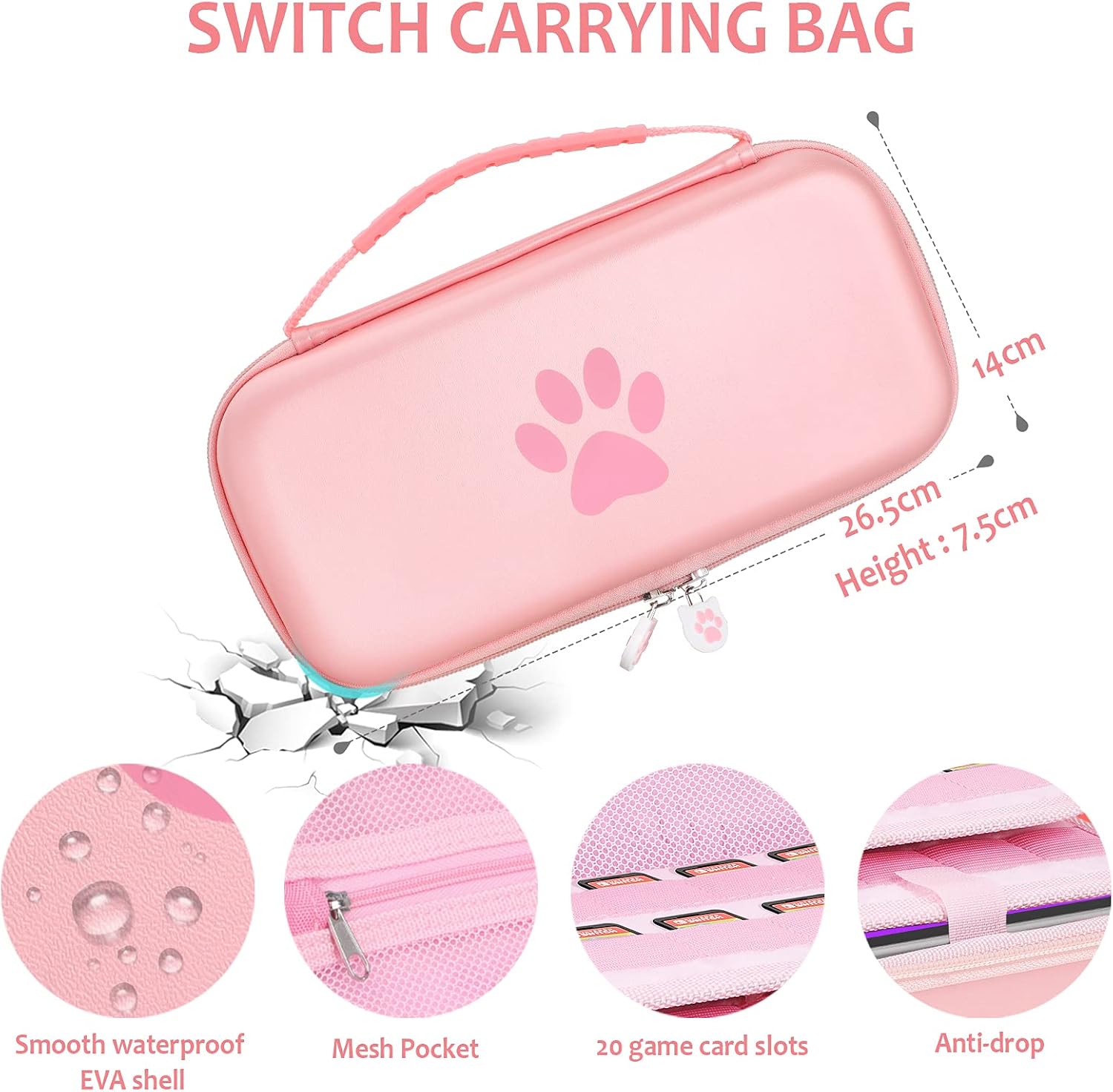 GeeRic 8PCS Case Compatible with Switch, Accessories Kit 1 Soft Silicon Case + 2 Screen Protector + 4 Thumb Caps + 1 Storage Carrying Pink Cat for Girls