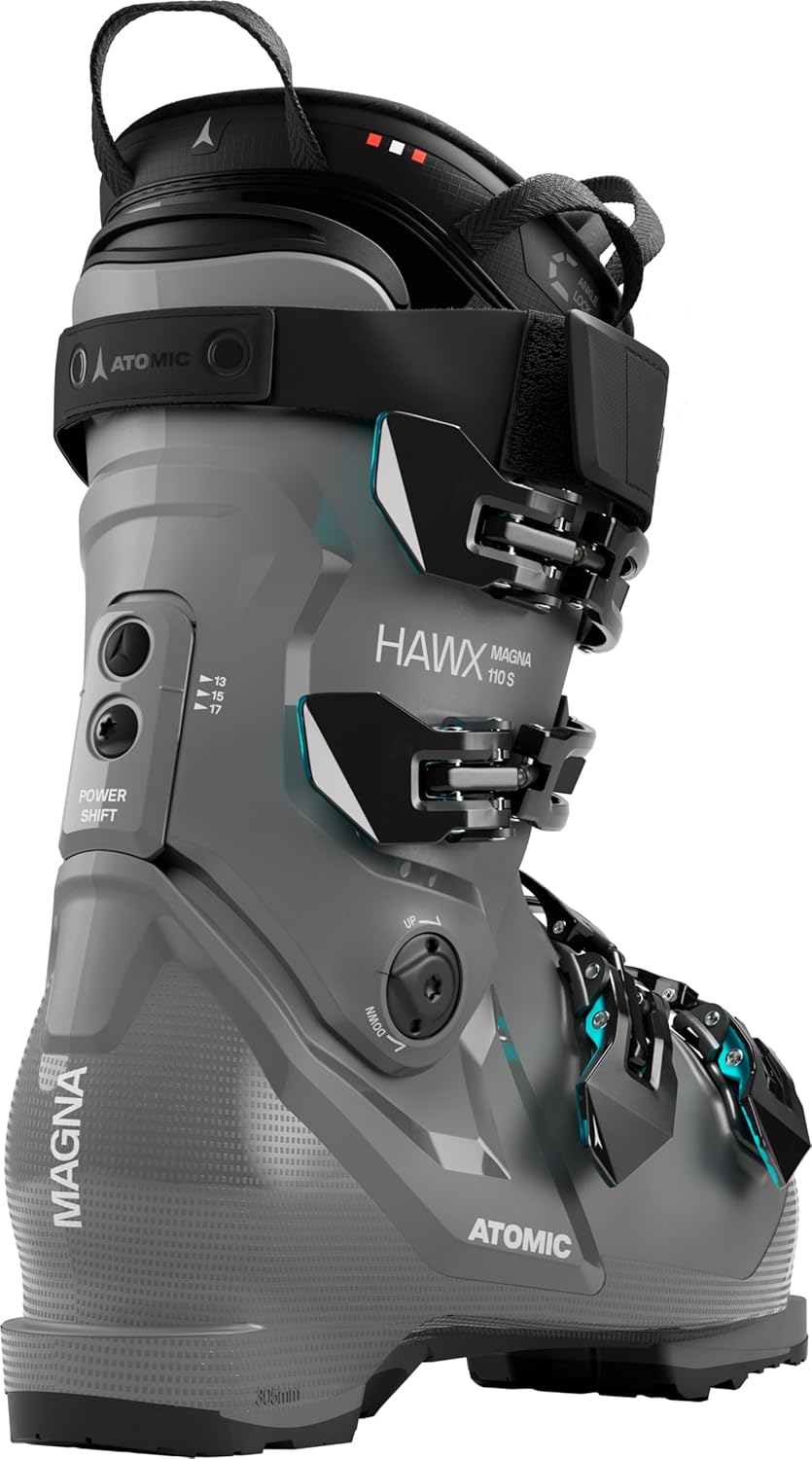 옆 view of Atomic HAWX Magna 110 S ski boot, showing the Power Shift mechanism and buckles.