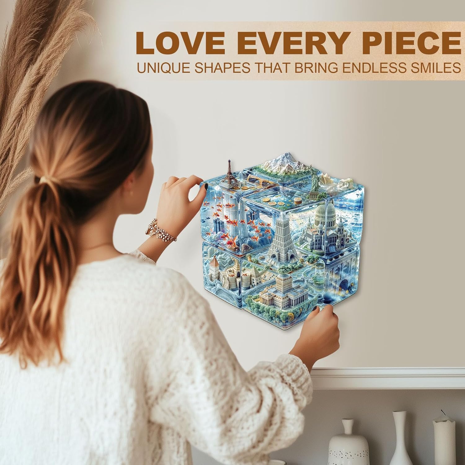 WOODBESTS Wooden Puzzles for Adults, Cube City Wood Puzzles Adult(240 Pieces, L, 13.4 * 12.4in), Unique Shape Wooden Animal Jigsaw Puzzles, Birthday Gifts for Adults Family Game