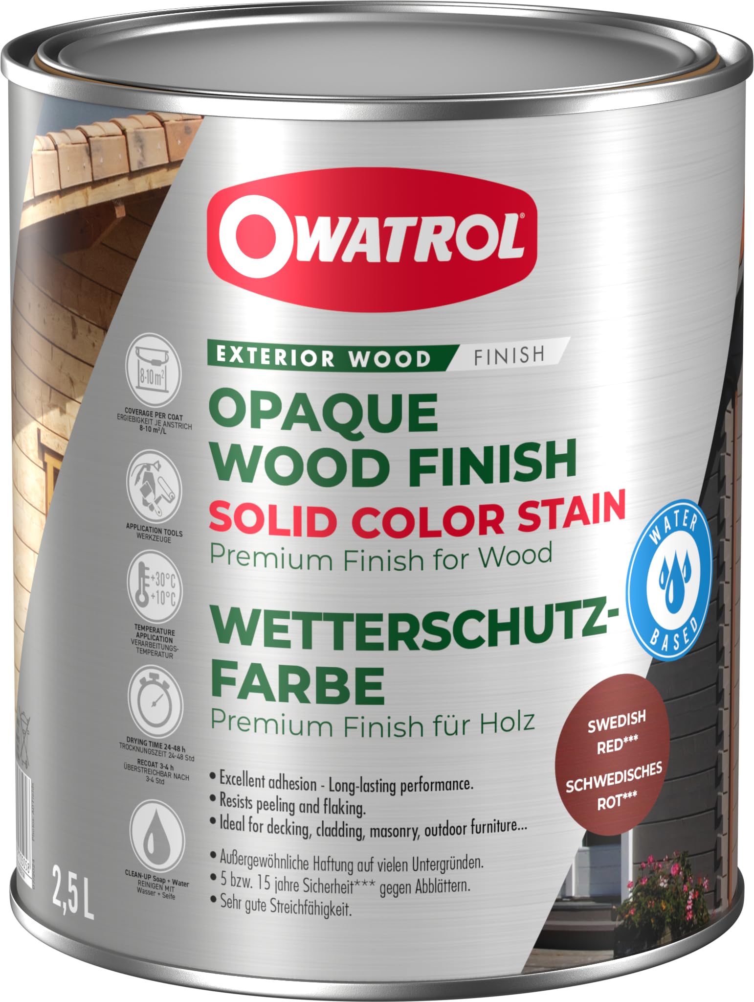OWATROL Solid Color Stain, Wetterschutzfarbe, Acryl-Decklack, dauerhaft deckender Anstrich (Schwedenrot, 2,5 Liter)