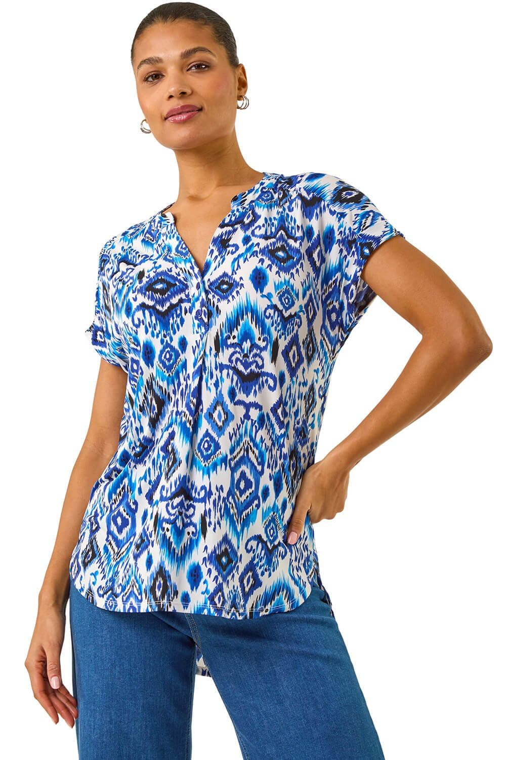 Roman Women's Blue Ikat Print Stretch Top In Size 18