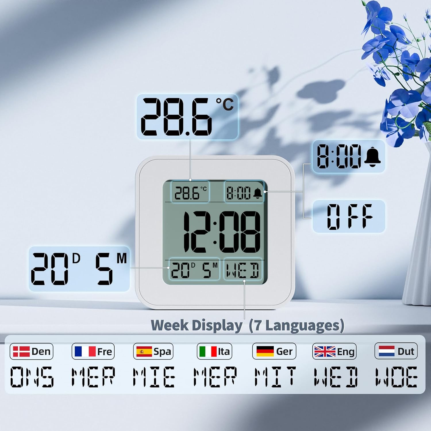 Back of LATEC Digital Alarm Clock E0544 showing the volume switch with L, M, H settings