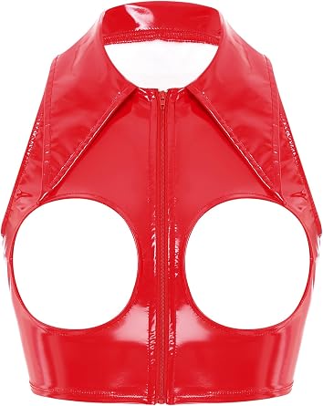Womens Faux Leather Crop Tops Opening Breasts Nipples Bra Tops Cutout Zipper Party Costume