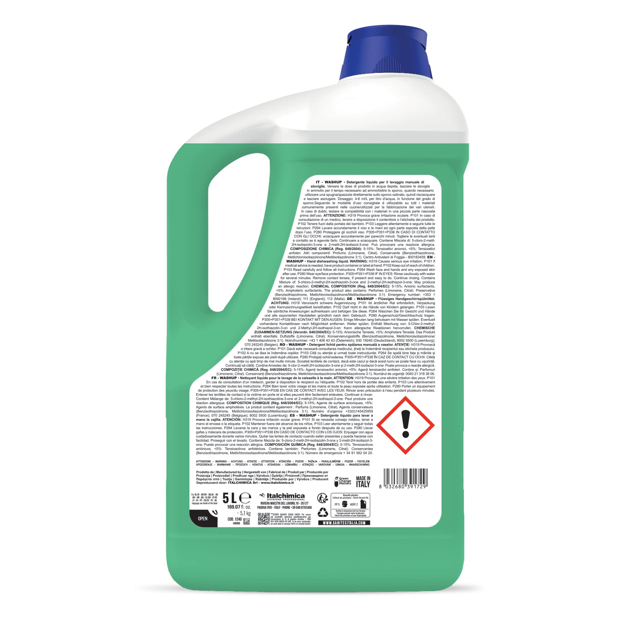 Sanitec, Washup Limone Verde, Detergente Liquido per il Lavaggio Manuale delle Stoviglie, Sgrassa a Fondo e Rilascia una Fresca Profumazione che Elimina i Cattivi Odori, Made in Italy, 2 Taniche da 5L