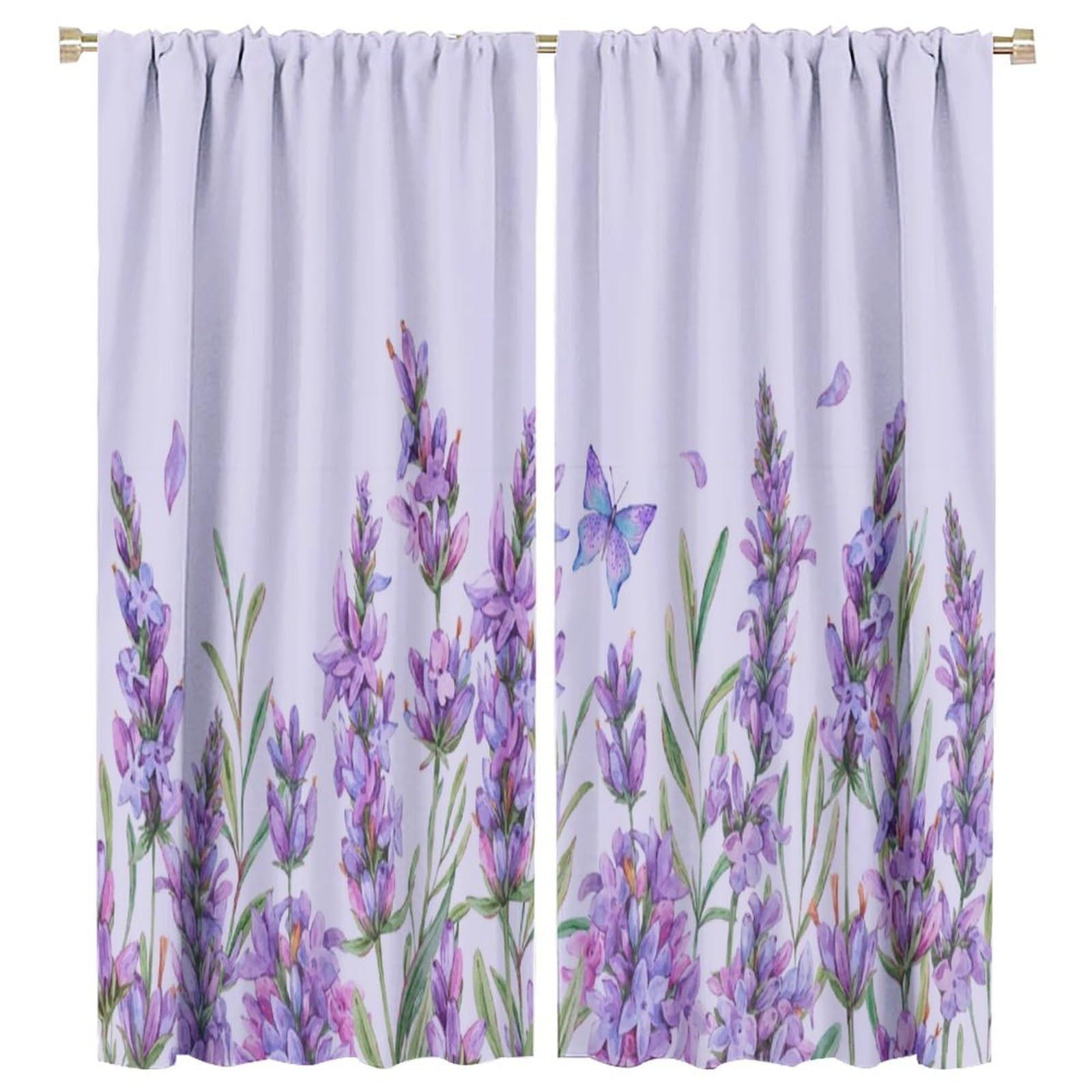 HZOHNAGO Lavender Flower Curtain Watercolor Purple Floral Butterfly Pattern Blackout Print Rod Pocket Window Drapes for Bedroom Living Room 55x63in