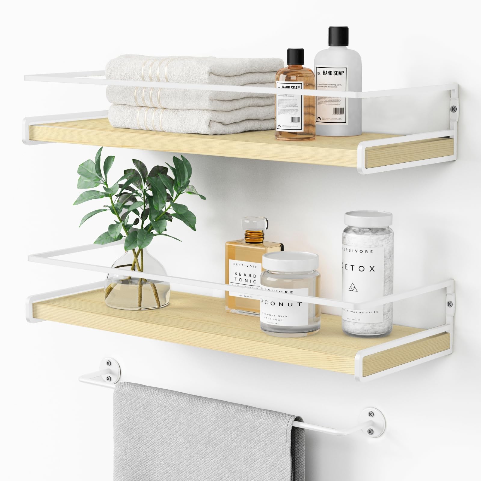 Forbena Floating Shelves for Wall with Rail, White and Natural Wood Nursery Book Shelves for Baby Girls Boys Kids Room Bedroom, Hanging Bookshelves Wall Mounted for Books, Toys, Bathroom (Set of 2)