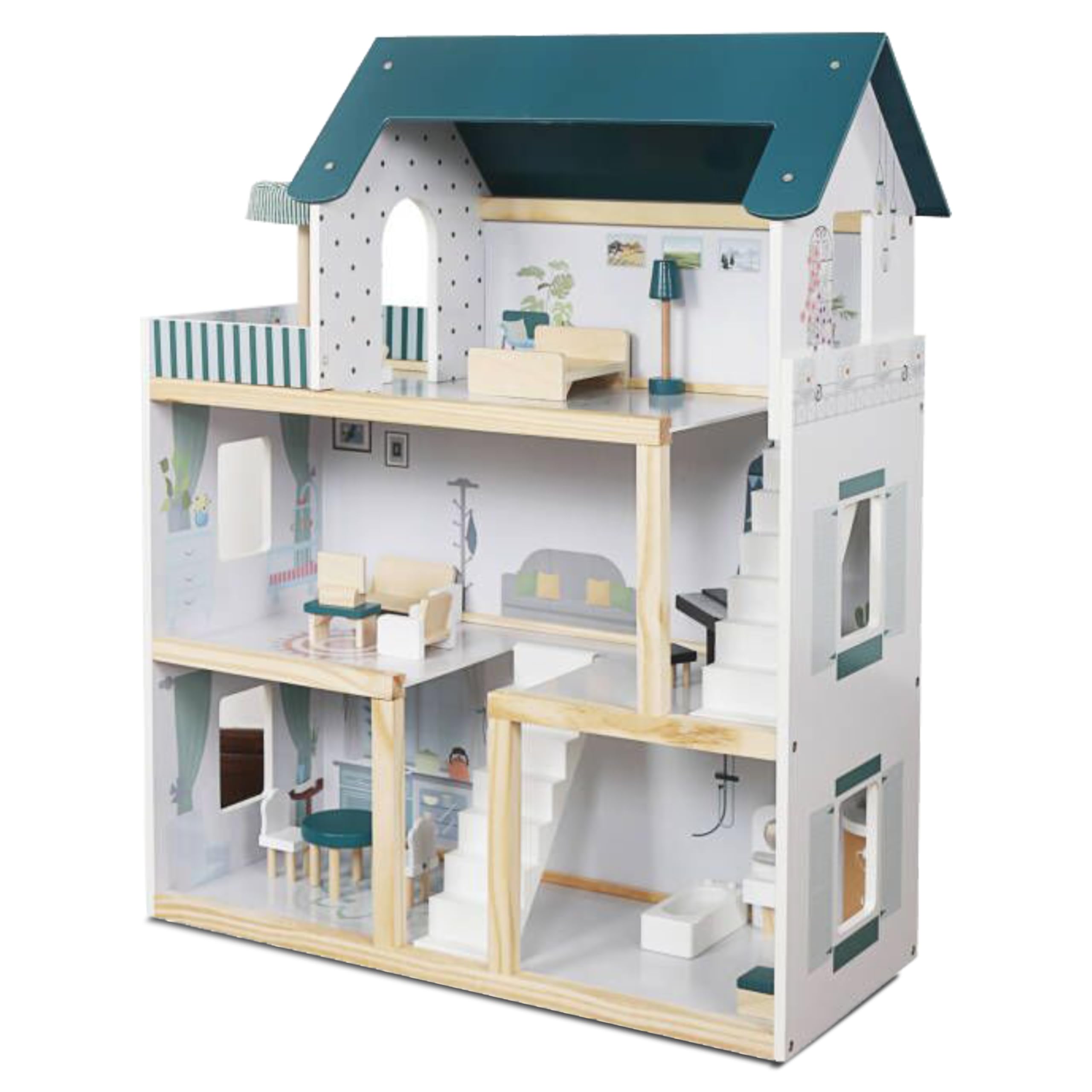Lil' Jumbl Kids Wooden Dollhouse, 17-Piece Accessories & Furniture are Included, with Balcony & Stairs, 3 Story Easy to Assemble Doll House Toy -