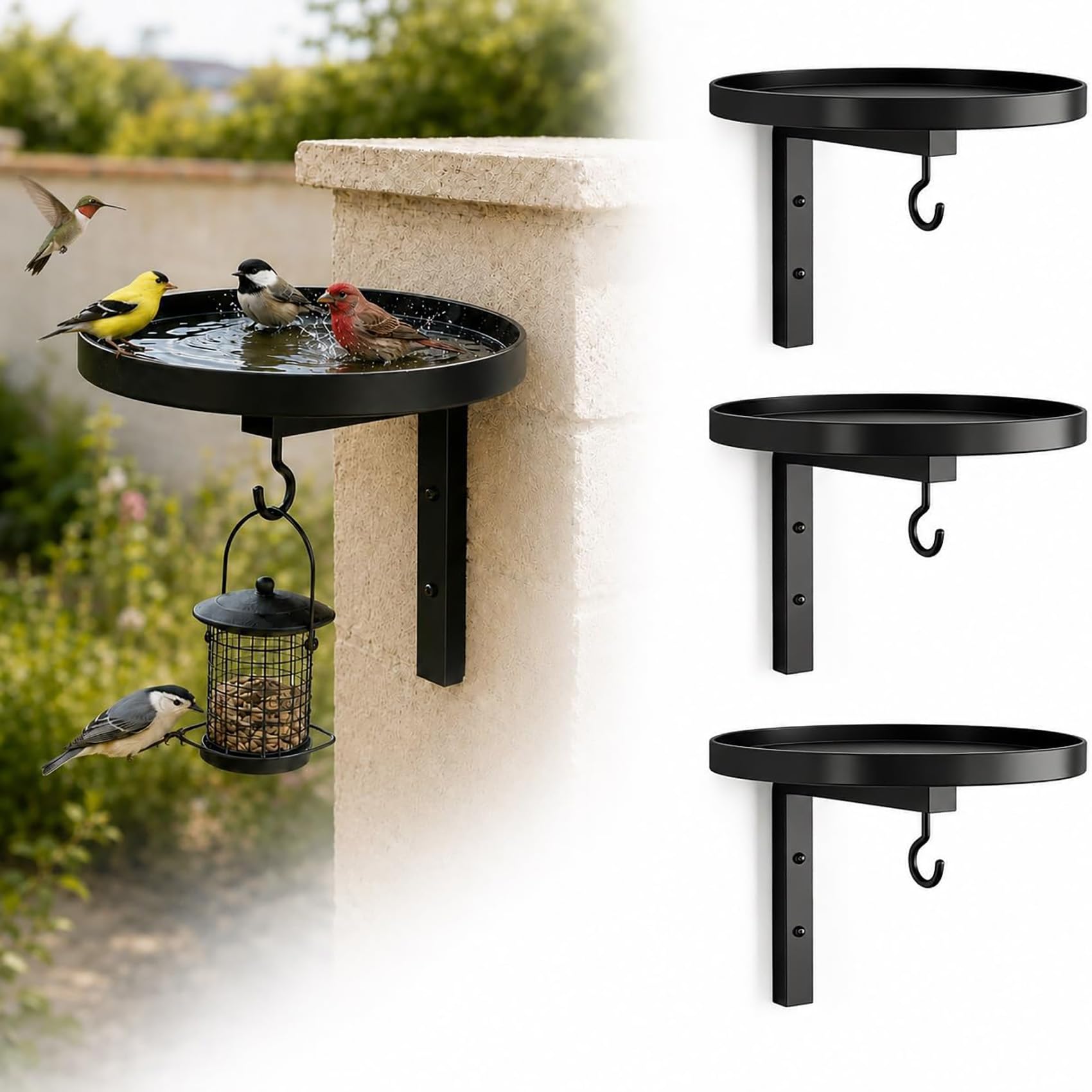 Vasca per uccelli in metallo da parete, abbeveratoio e mangiatoia per uccelli da esterno, resistente alle intemperie, ideale per balconi, patii, giardini, cortili e altri spazi esterni. (3PCs)