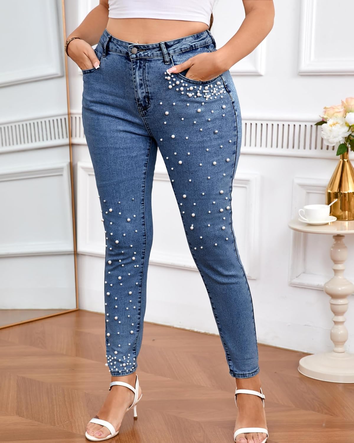 Pearls Skinny Jeans for Women High Waist Stretchy Trendy Slimming Jeggings Denim Pants - Image 4