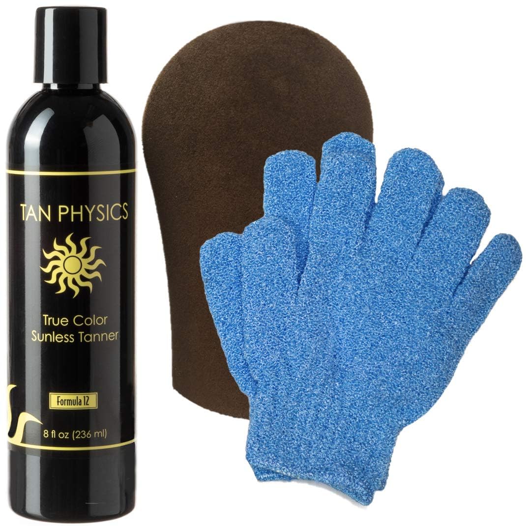 Tan Physics Sunless Tanner 8oz with Tanning Mitt & Exfoliation Gloves – Self Tanning Lotion for Face & Body – Instant, Streak-Free Application for a