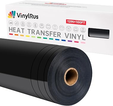 VinylRus Heat Transfer Vinyl-12 x 100ft Black Iron on Vinyl Roll for Shirts, HTV Vinyl for Silhouette Cameo, Easy to Cut & Weed