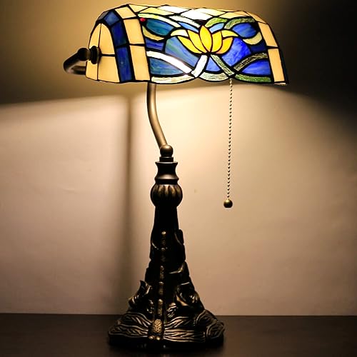 Tiffany Banker - Lámpara de mesa pequeña con vitrales, estilo Tiffany, piano, azul claro, amarillo, estilo loto, lámpara de escritorio, ángulo Azul