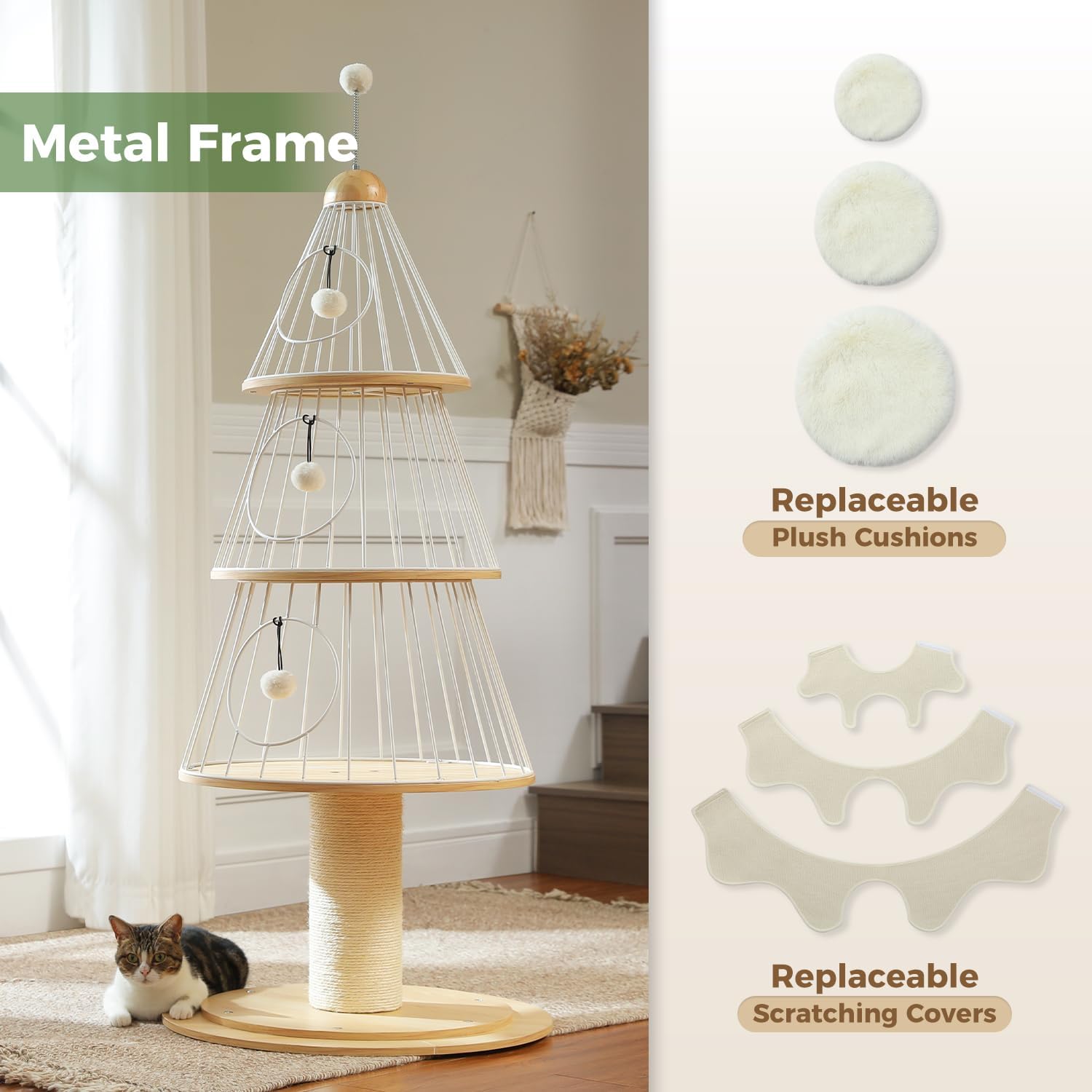 MUTTROS Modern Cat Tree-51.2" Cat Christmas Tree w/Thick Scratch Post(φ5.4in), Wood Cat Tower w/ 3 Condos-Heavy Duty Furniture w/Metal Frame & Replaceable Mat for Indoor Kittens, White