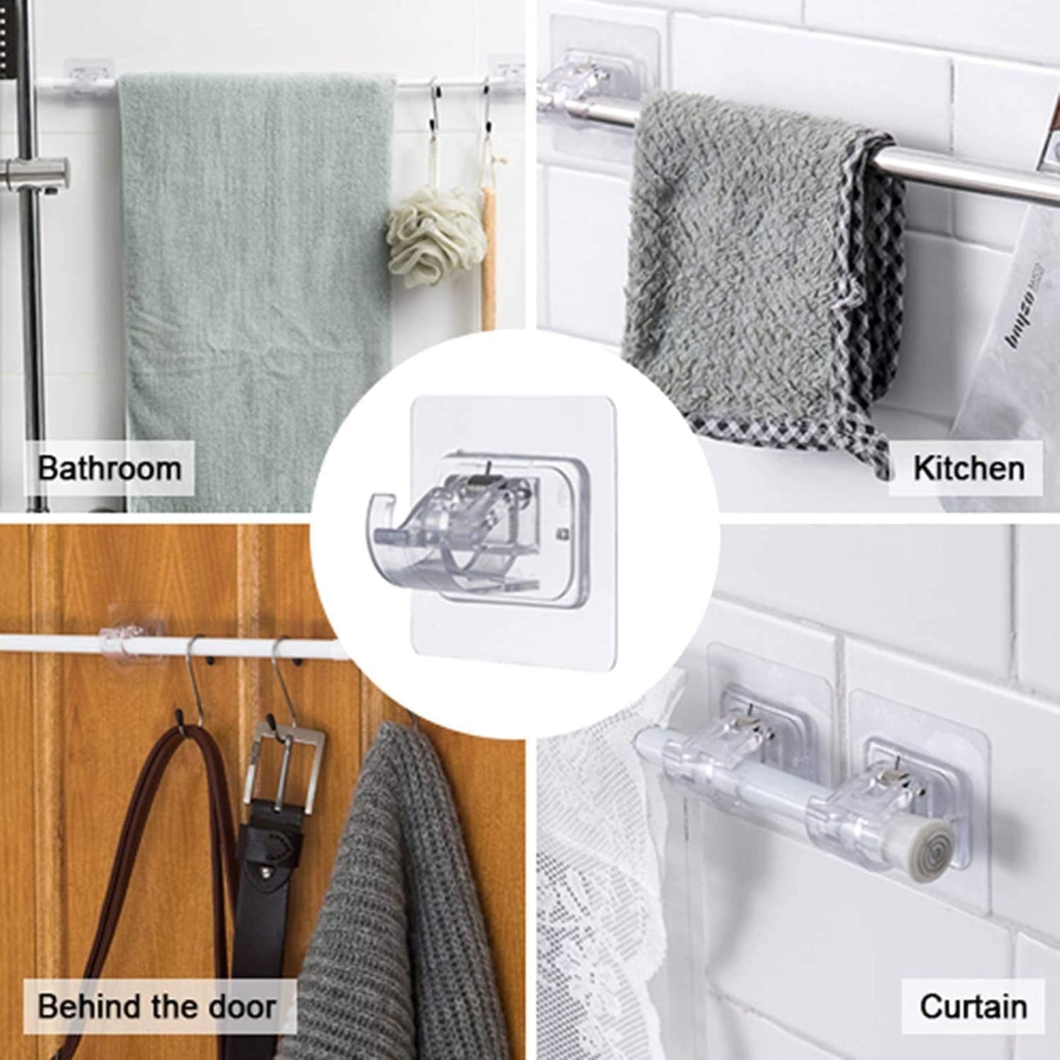 QXORE No Drill Curtain Rod Brackets No Drilling Self Adhesive Curtain Rod Holder Hooks Nail Free Adjustable Curtain Rod Hooks Curtain Hangers for Kitchen Home Bathroom and Hotel (2 PCS TRANSPARNT) 4