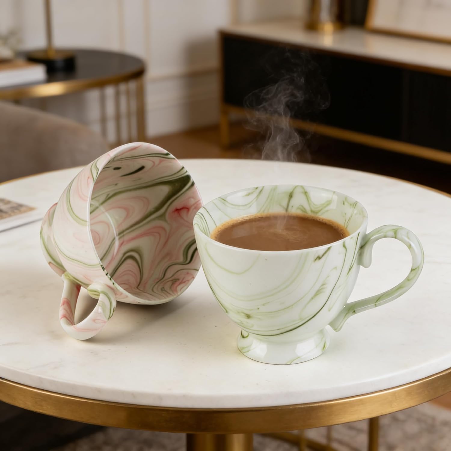Promotion, 2-Piece Marble Ceramic Coffee Mug Set, 16 Oz Hand-Painted Thanksgiving Holiday Cup, Lead-Free Microwave Safe Drinkware for Home Office Kitchen