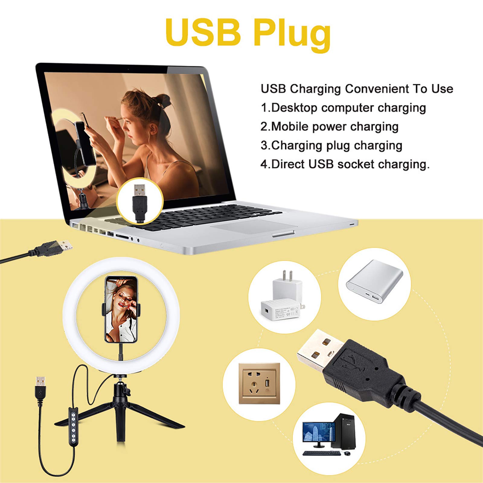 Luce ad Anello, Luce ad Anello a LED da 10 Pollici con 10 Colori RGB dimmerabili e 10 Livelli di luminosità, con Supporto per treppiede per Trucco Live Streaming Video Photography