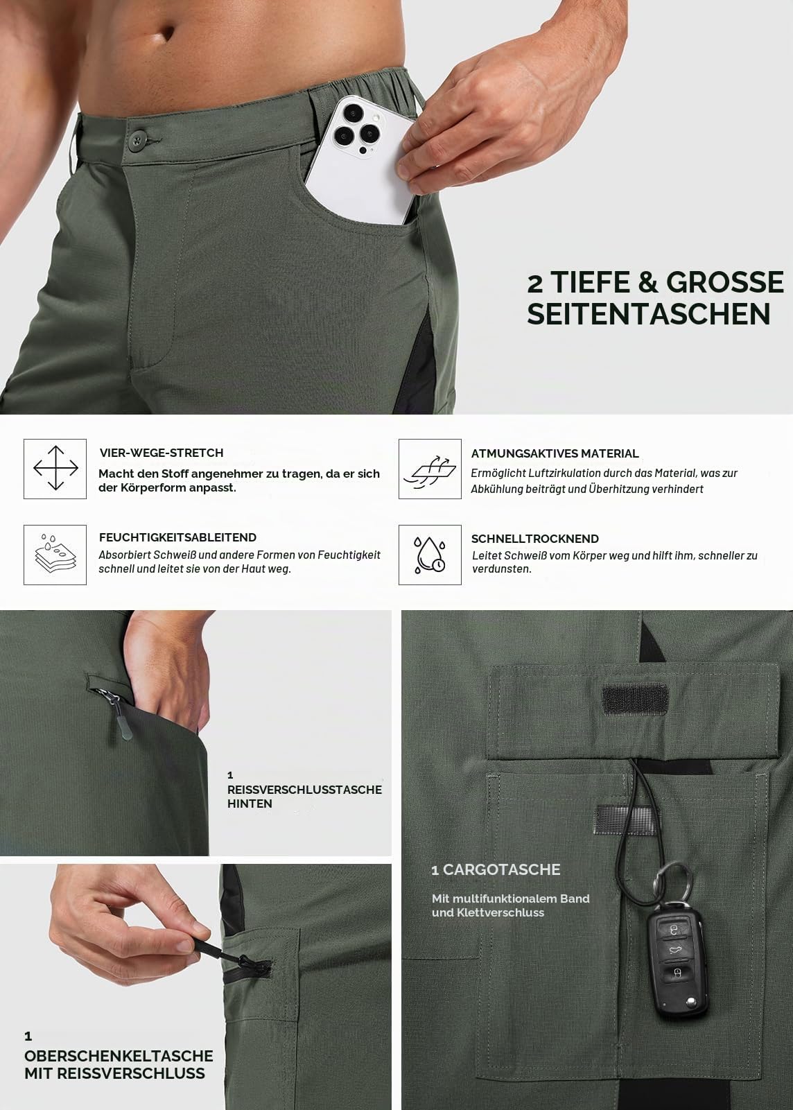 Cycorld Kurze Hose Herren Wanderhose MTB Shorts | Atmungsaktiv, Schnelltrocknend, 5 Taschen, Bermuda Cargo, Radhose, Fahrradhose, Mountainbike