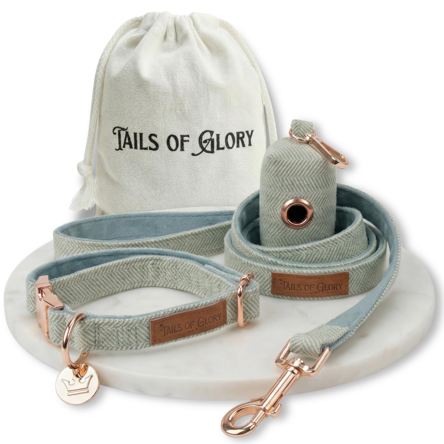 Luxury 3-Piece Blue Large Size Dog Collar and Lead Set – Adjustable Large Dog Collar, 150 cm Leash, Poo Bag Holder – English Tweed & Soft Velvet – Elegant, Comfortable & Practical - 4 Colors Available